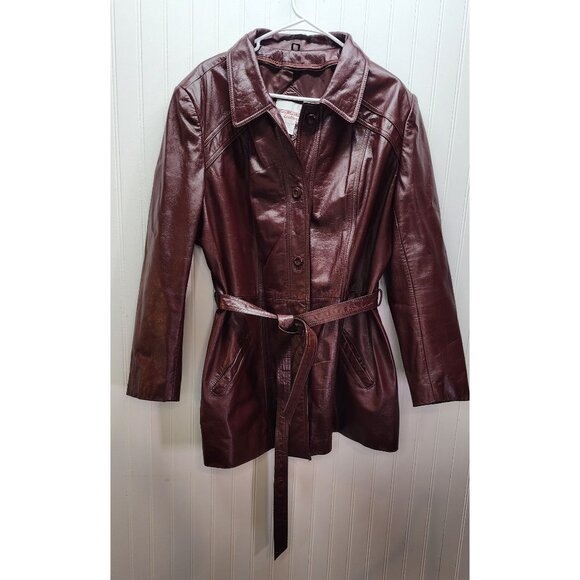 Vintage Burgundy Leather Belted Jacket-Classic Directions Leathers Size 14-16 - Picture 1 of 12